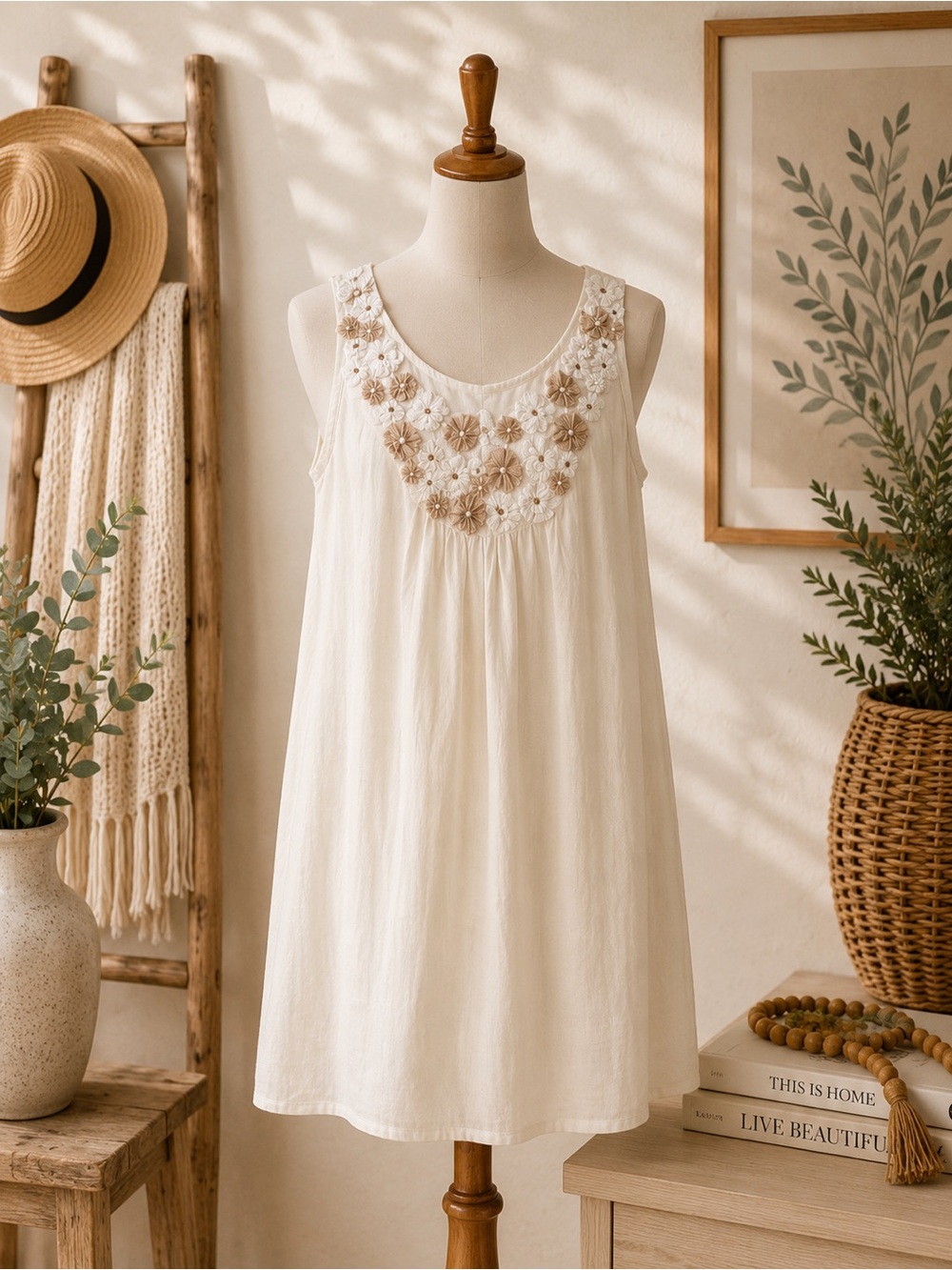 🤍 Boho Floral Appliqué Cotton Blouse – NWT – L/XL  Resort • Anthropologie Style